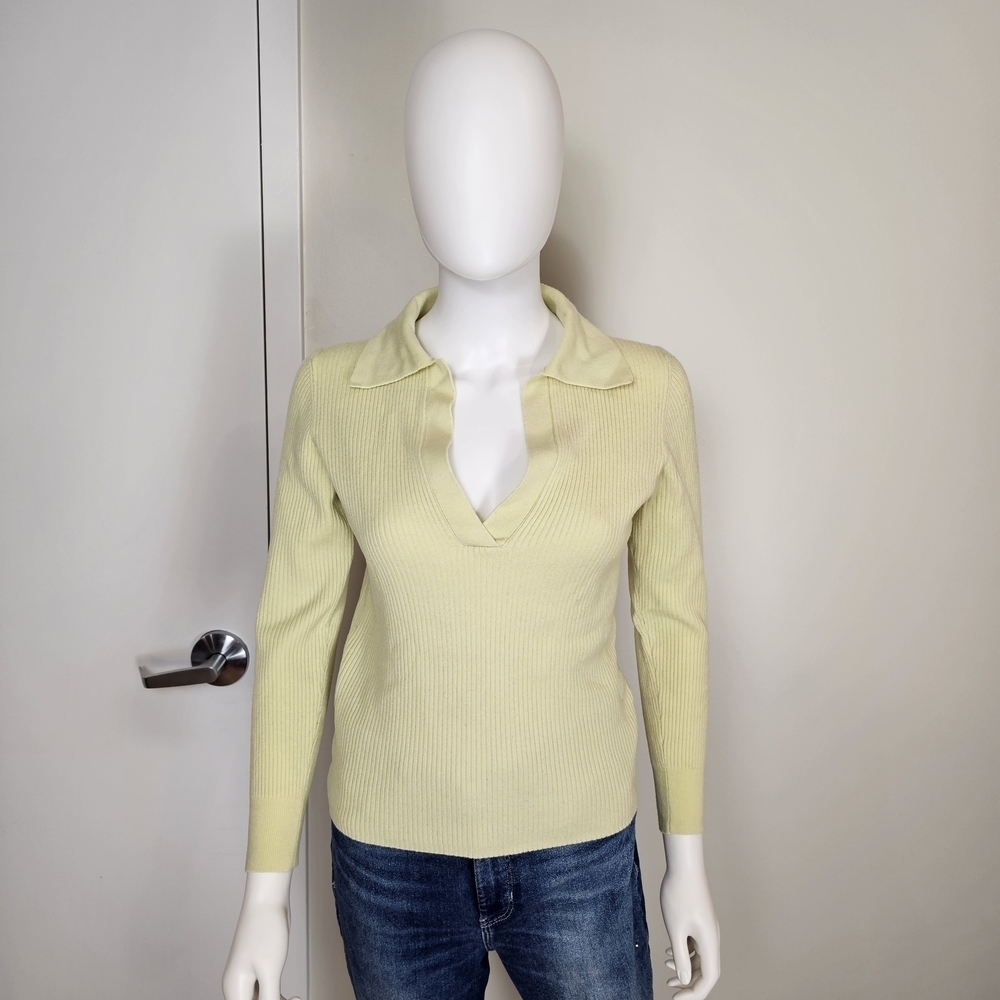 Babaton Light Lime Green Collared Long Sleeve Merino Wool Knit Sweater Sz M